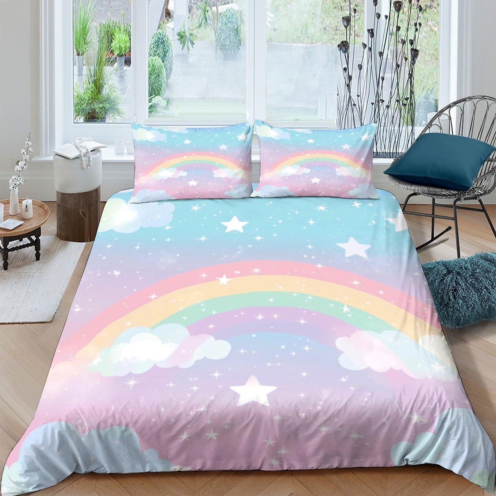 Ctjqhvkz Style-4 3D Printed Rainbow Cloud Fitted Sheet Microfiber Soft Stars Pastel Mattress Cover For Bedroom Guest Room Decor Single（135X200cm）