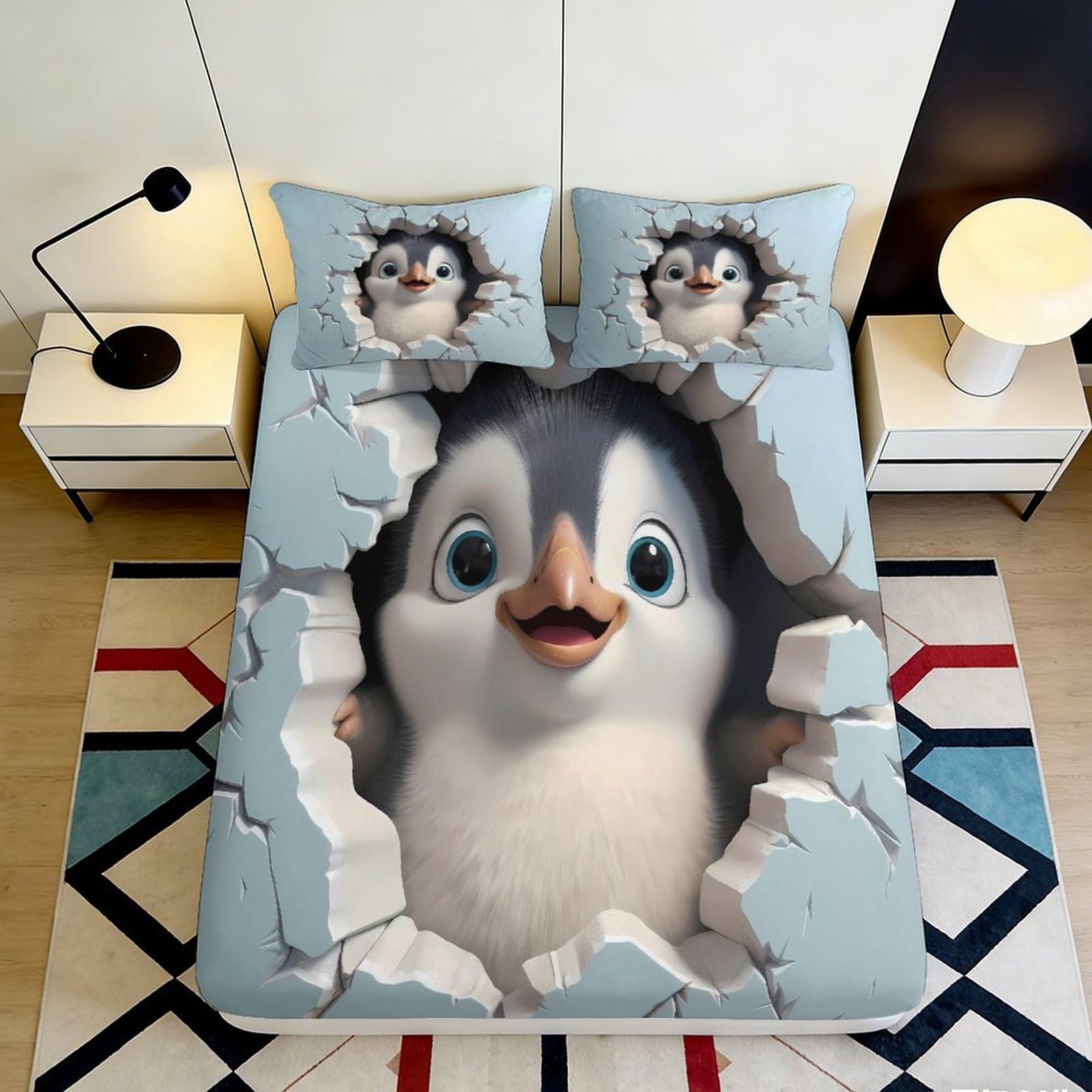 Jqzkxnhpbr Style-7 3D Printed Cartoon Penguin Fitted Sheet Microfiber Soft Breathable Cracked Ice Bed Cover For Bedroom Dorm Decor 90X200x25cm