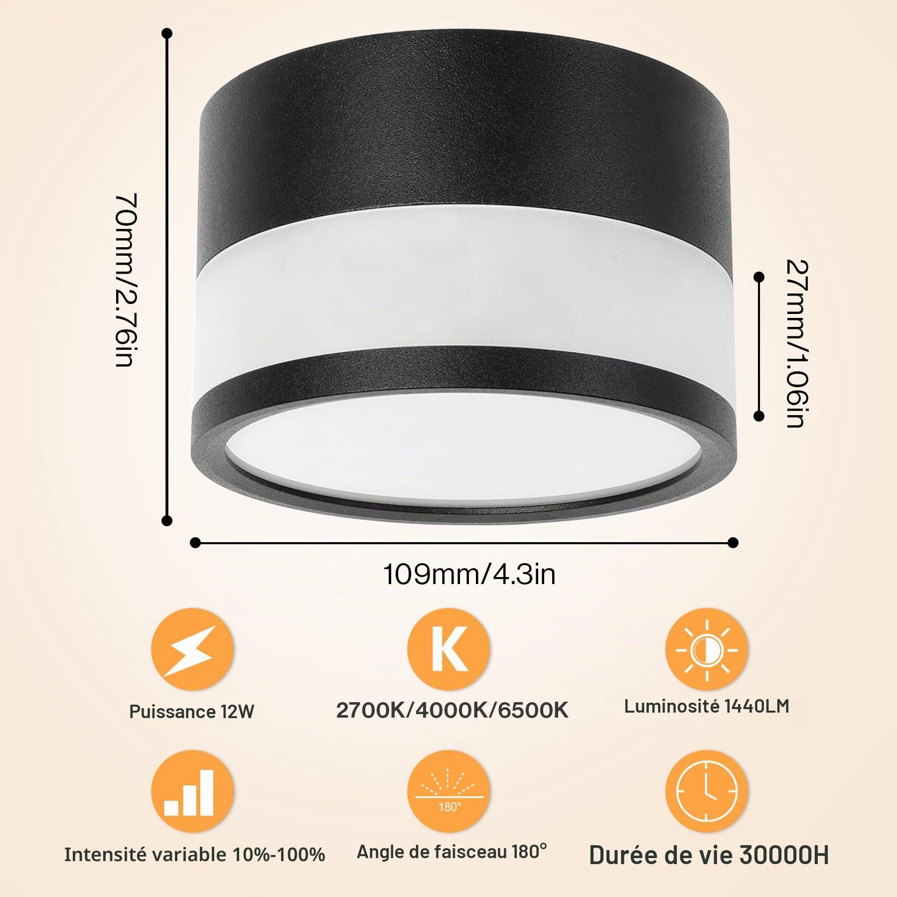 4x Spot LED Surface Dimmable, IP65 Plafonnier Spot avec Télécommande APP, 12W Spots de Plafond Noir 2700K-6500K Spot Plat Surface Aluminium 220V Rond Plafonnier Salle de Bain, Ø109mm