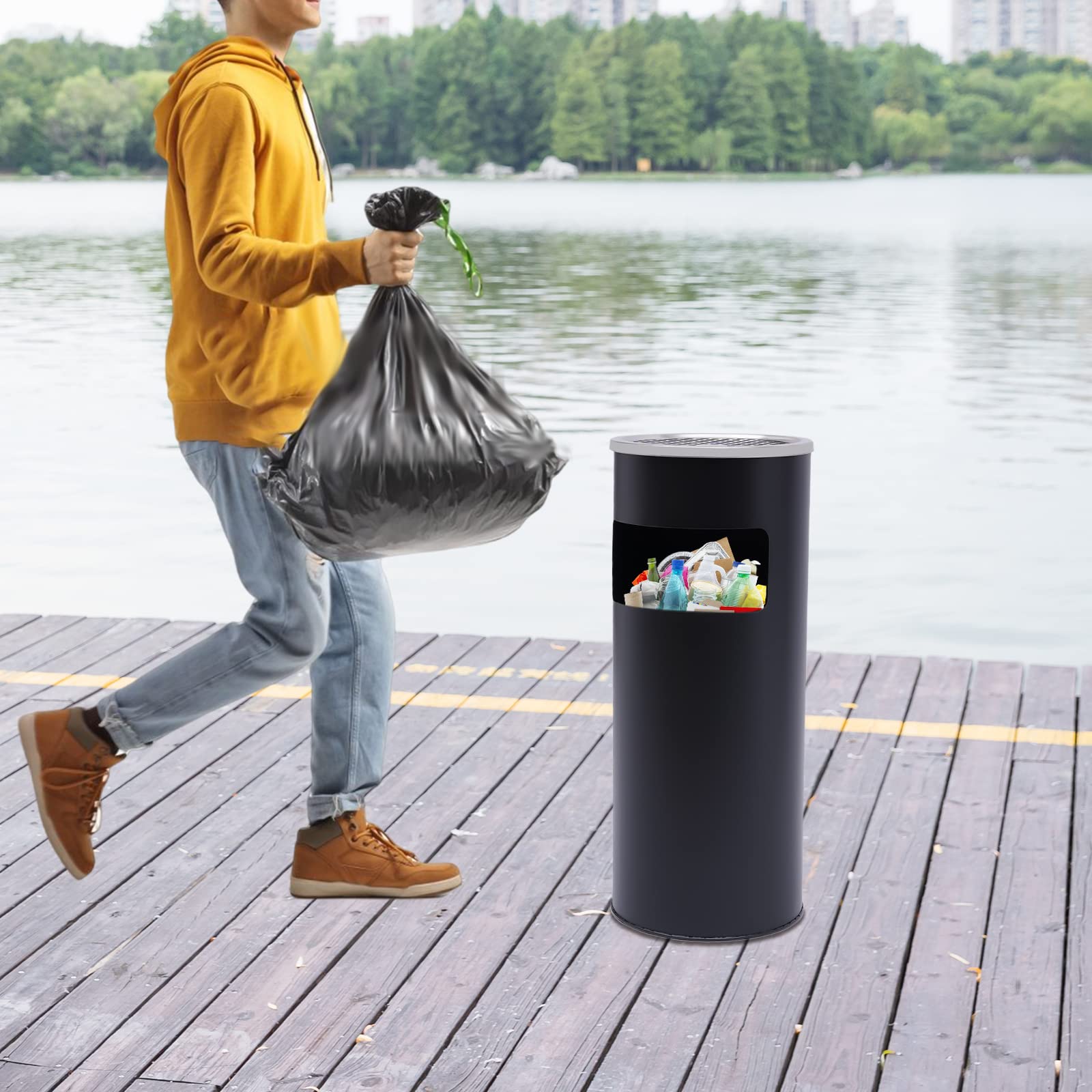 Cubo de basura de acero inoxidable de 30 l, 62 cm, cenicero de pie, con cubo interior extraíble, para exteriores, exteriores, interiores, para oficina, hotel, grande, redondo (negro)