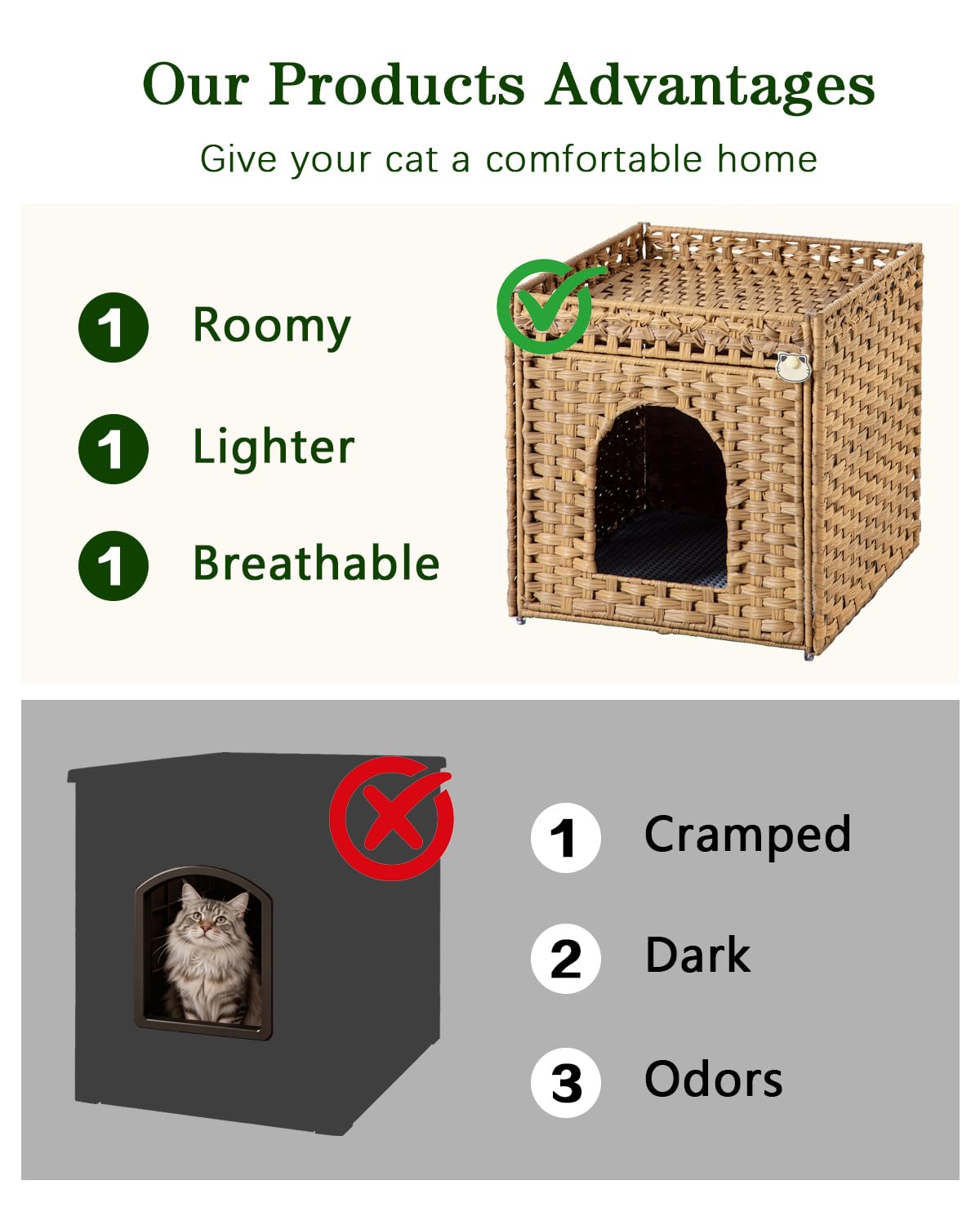 SETVSON Cat Litter Box Enclosure Furniture, Hidden Litter Box with Mat and Fence, Handwoven Rattan Cat House with Two S-Shaped Hooks for Living Room, Bedroom, 18.5 x 20.5 x 19.1 Inches (Natural) - image 4