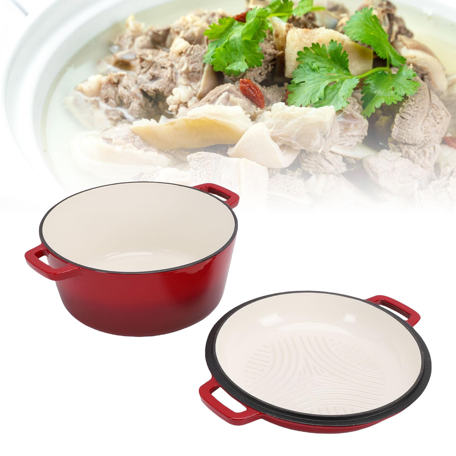 Duokon Olla de Hierro Fundido Esmaltado con Tapa de Sartén, 2 en 1, 5QT,