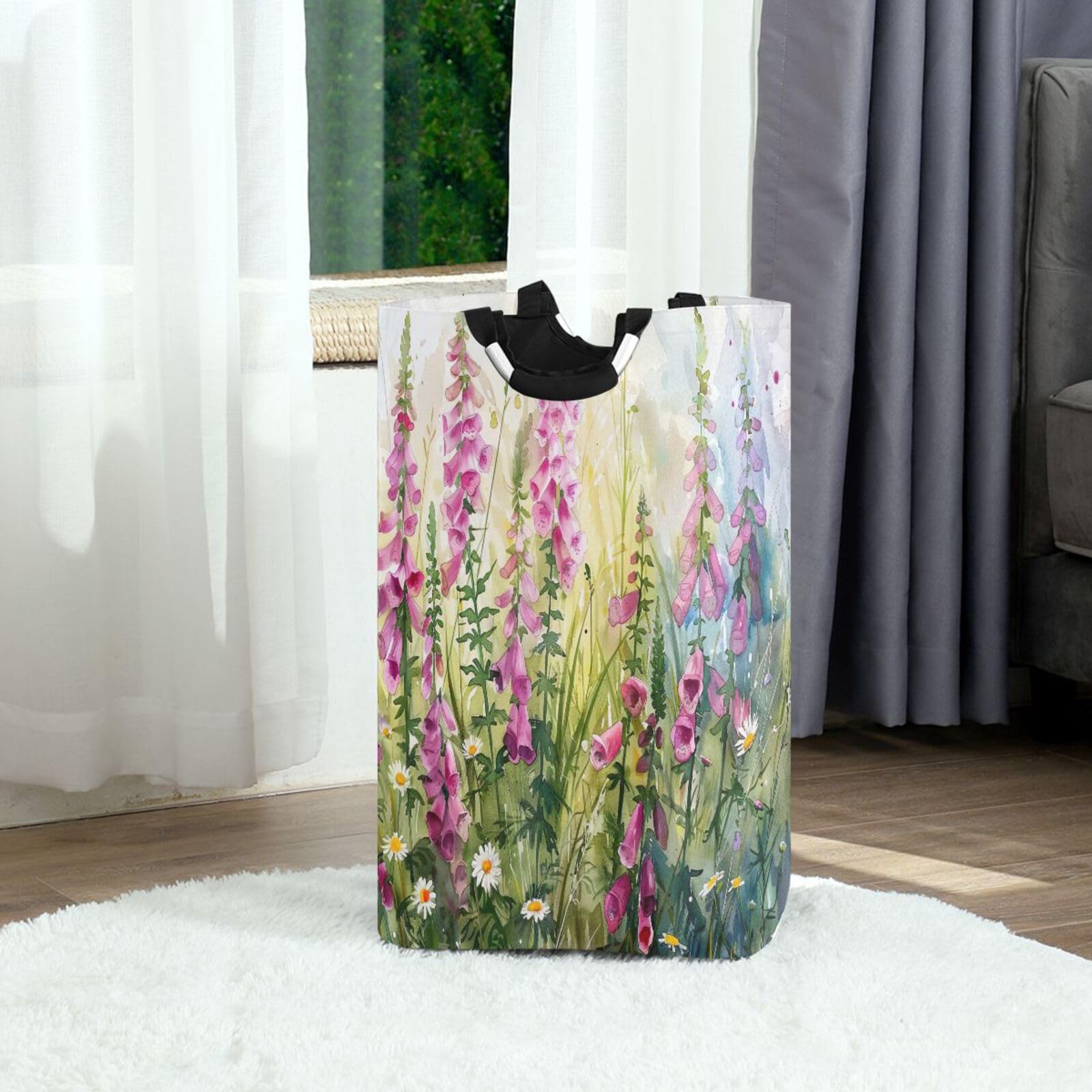 Jihqo Laundry Hamper Basket Wildflowers Painting Collapsible Nursery Storage Bin Waterproof Clothing Baskets for Home Bedroom Bathroom Washing Room