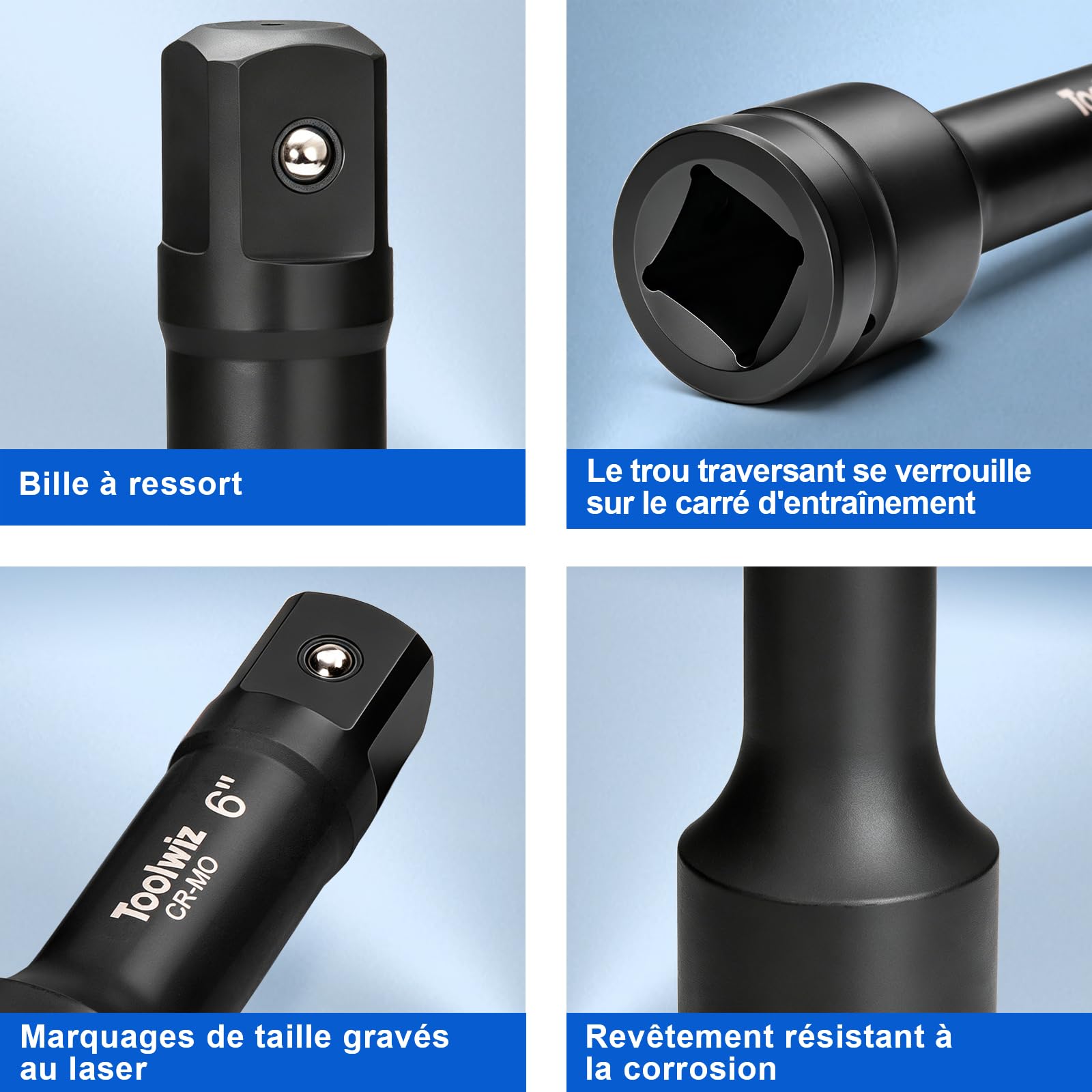 Toolwiz Jeu de Rallonges 1" pour Clé à Chocs 100mm, 150mm, 200mm, Cr-Mo | 3 Pièces, Compatible avec les Outils à Chocs Pneumatiques et Électriques, pour Réparation Mécanique, Boîte en PVC