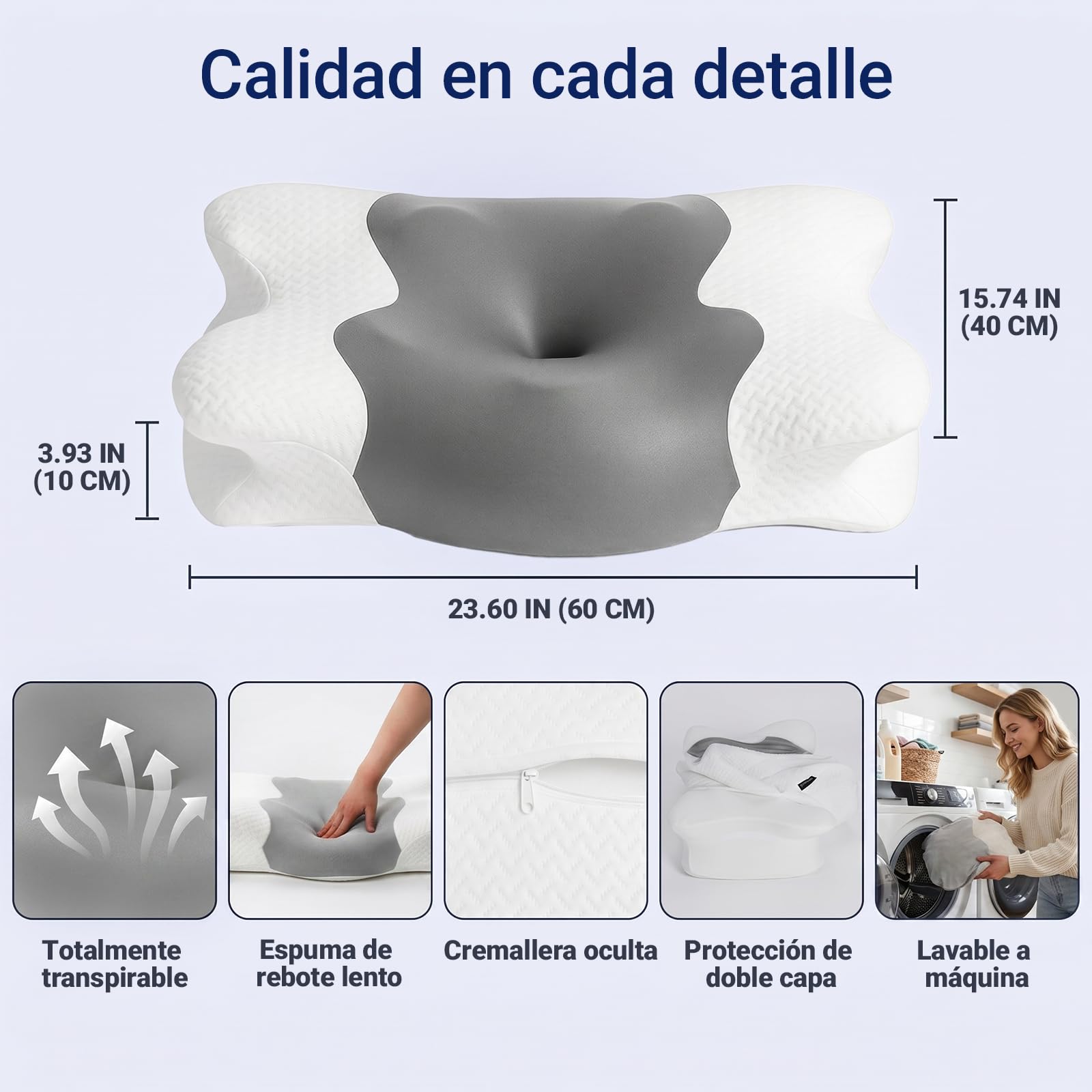 COSYLAND Almohada Cervicales y Cuello - Espuma Viscoelástica, Diseño Mariposa con Soporte Ergonómico y Transpirable, para Dormir de Lado, Boca Arriba y Boca Abajo, 60 x 40 x 10/13 cm