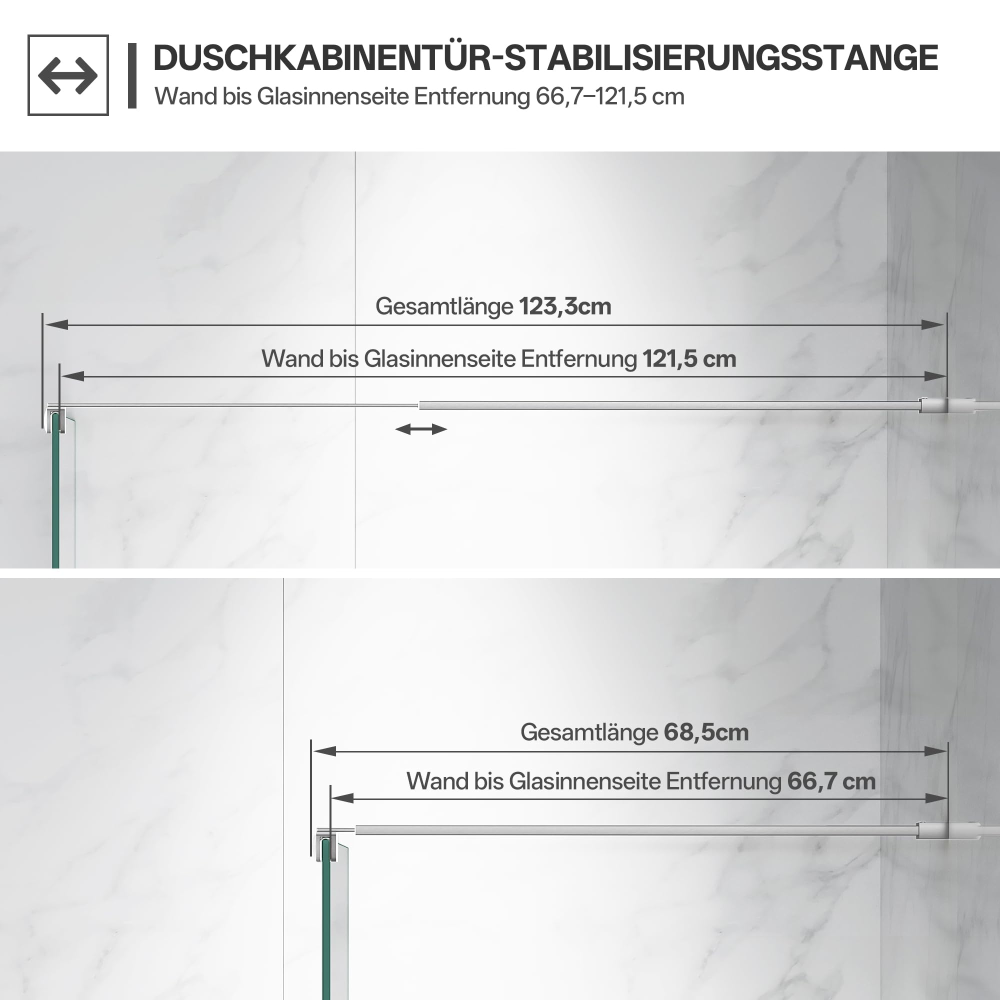 Duschstabilisator aus Edelstahl 66,7-121,5 cm, Chrom | Mit 304 Edelstahl gefertigt, geeignet für 6-10 mm Glas, Quadratisch Design