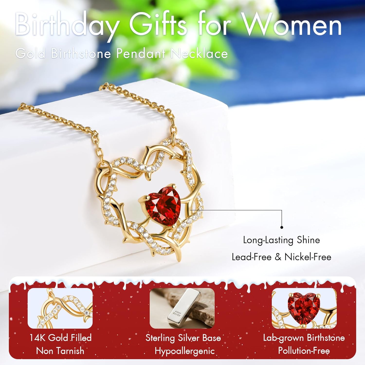 Kstyle Christian Valentine's Day Gifts for Women - 14k Gold Crown of Thorns Birthstone Pendant Necklaces for Women, Religious Anniversary Birthday Jewelry Non Tarnish 18"+2" - Image 5