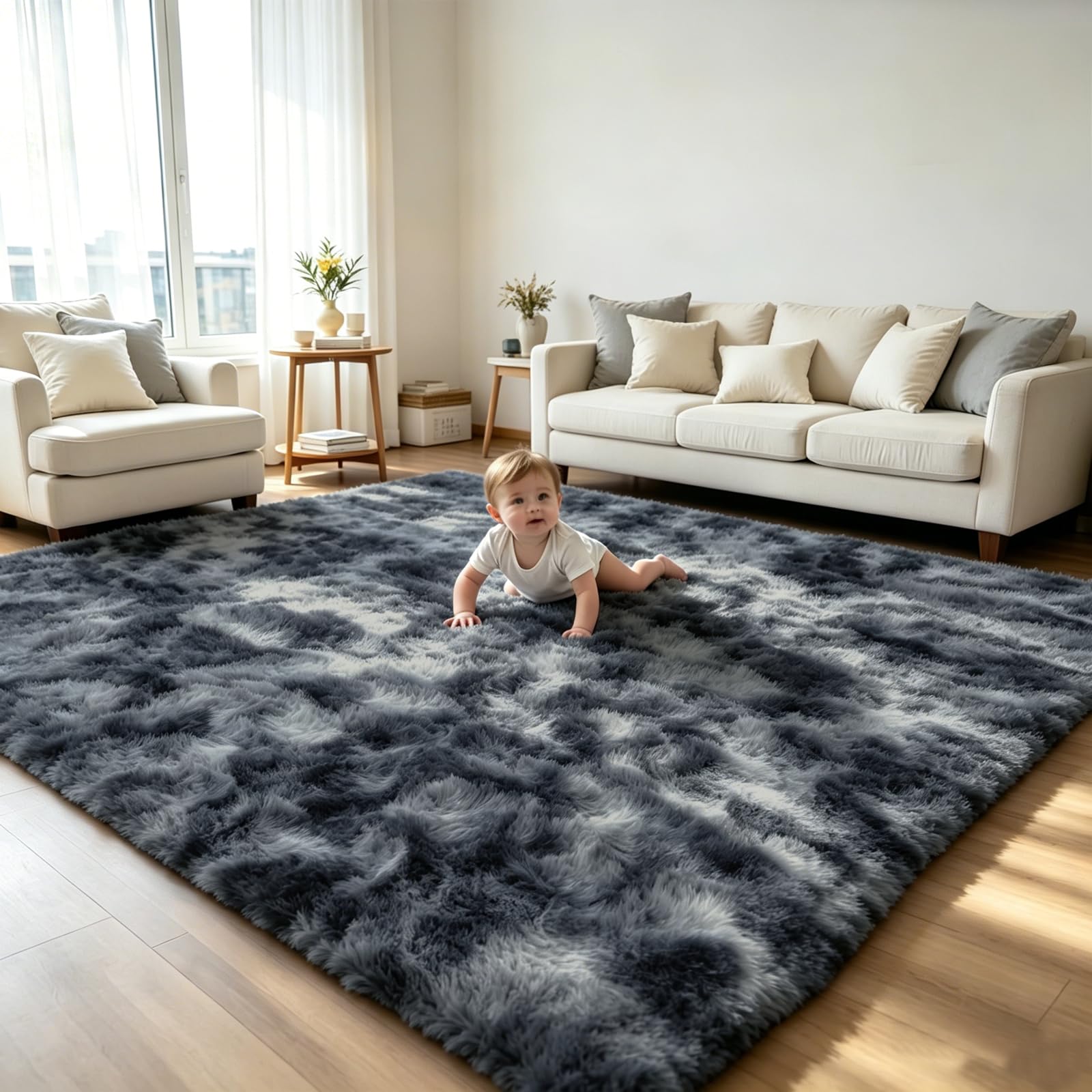 Luoven Ultra Fluffy Rugs Living Room, Large Non-Slip Carpet, Machine Washable Soft Shaggy Thick Pile Bedroom Rug for Bedside, Nursery - Tie-dyed Dark Grey, 200 x 300 cm