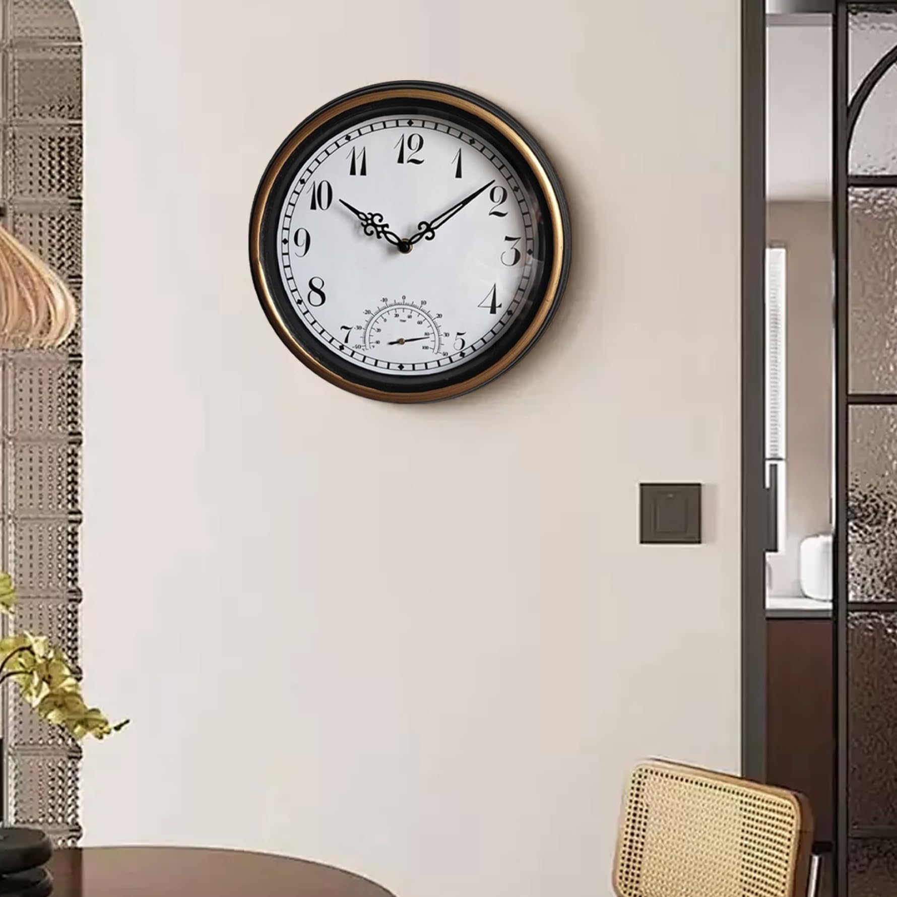 Orologio da parete per esterni resistente alle intemperie da 12 pollici con termometro, orologio silenzioso senza ticchettio per patio, piscina, giardino, portico e bagno