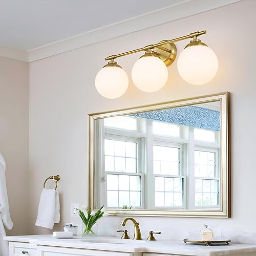 Miniatura 5 de Lámparas de baño de 24 pulgadas, ETL doradas, 3 luces de tocador de baño sobre espejo con pantalla de vidrio de leche, iluminación de aplique de