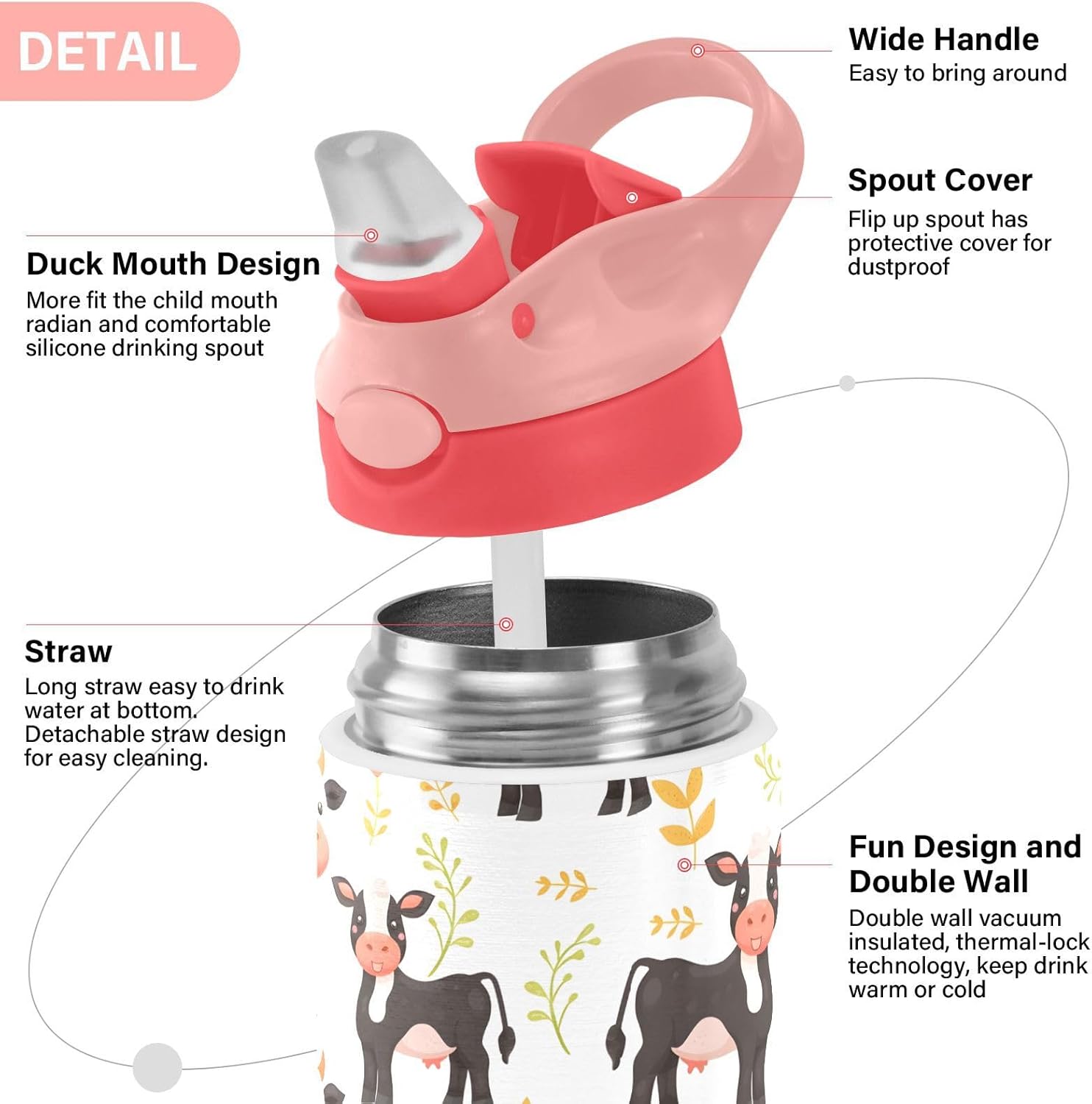 Cute Little Cow White Kids Insulated Water Bottle, Toddlers Tumbler Travel Cup with Straw & Handle Stainless Steel Cup for Travel School Girls 12 oz - Image 4