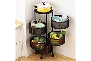 5-Tier Rotating Kitchen Fruit Basket with Wheels and Lid, Black