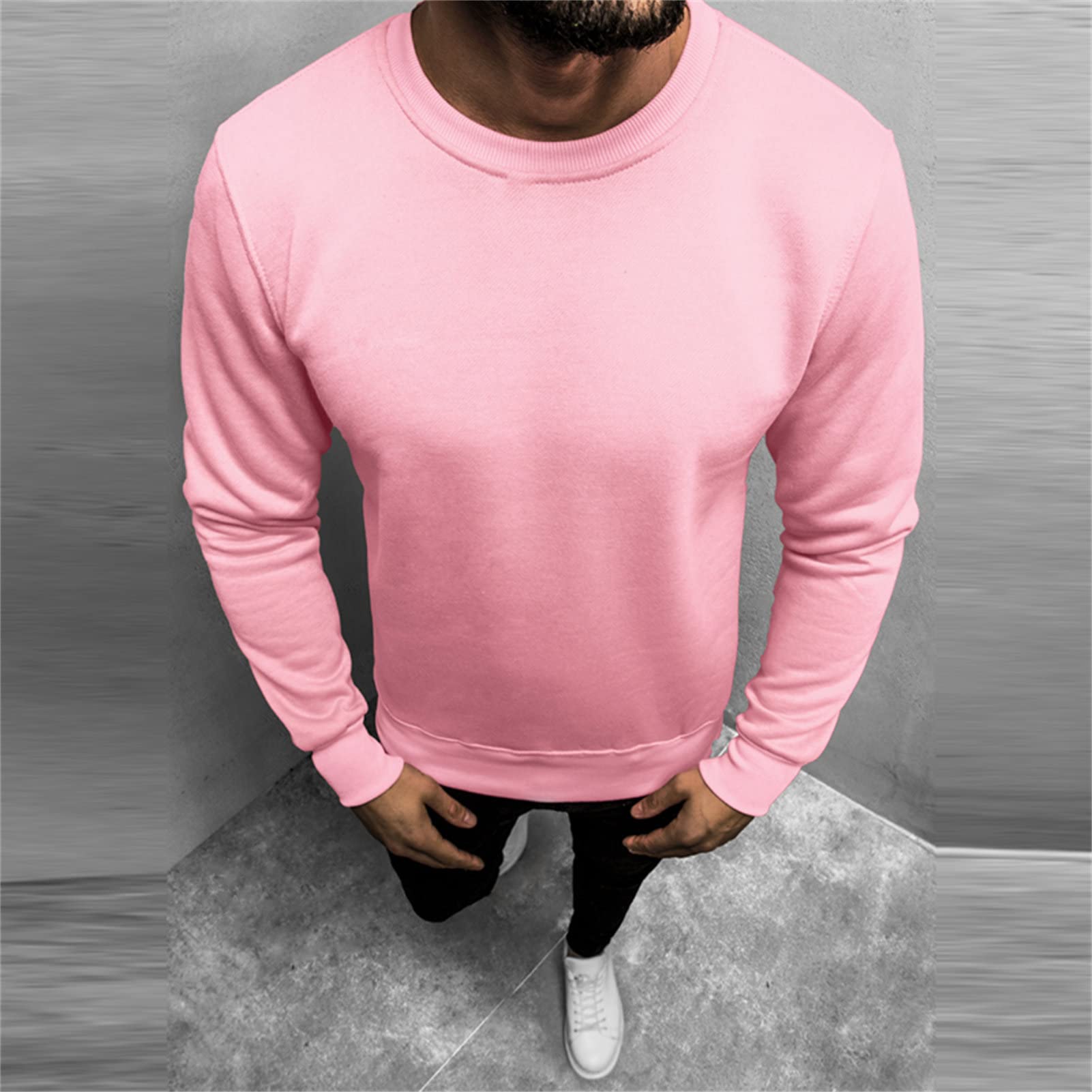 Maiyifu-GJ Men's Casual Long Sleeve Crewneck Sweatshirt Long Sleeve Solid Color Pullover Lightweight Round Neck Shirt Tops (Pink,3X-Large)