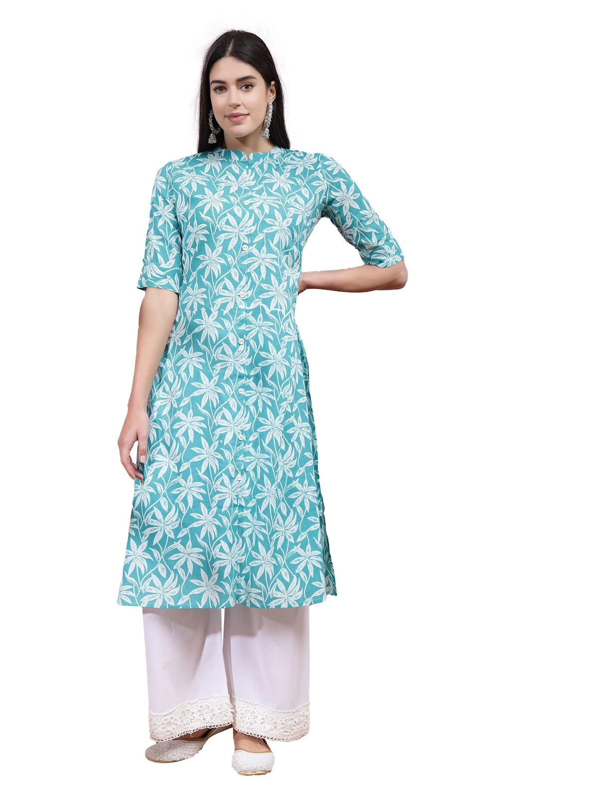 Stylum Women's Floral Printed Cotton A-Line Kurta (Pluto42_Turquoise Blue, Xl)