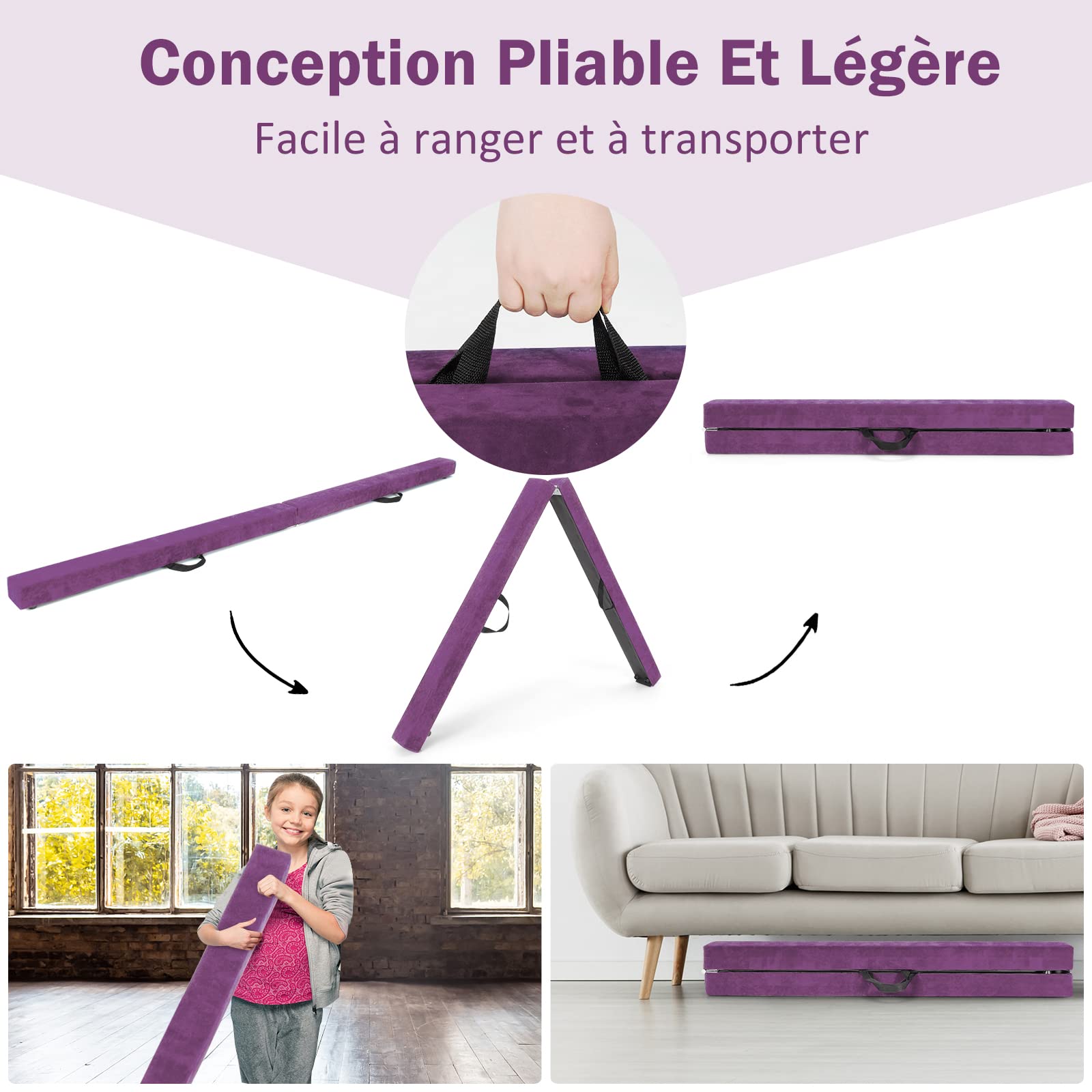 GOPLUS Poutre Gymnastique Pliable 210/240/270cm, Poutre d’Équilibre avec Patins Antidérapants, Surface Suède, Base en Pin Solide, Poignée de Transport pour Enfants et Adultes, Danse, Gymnaste, Fitness