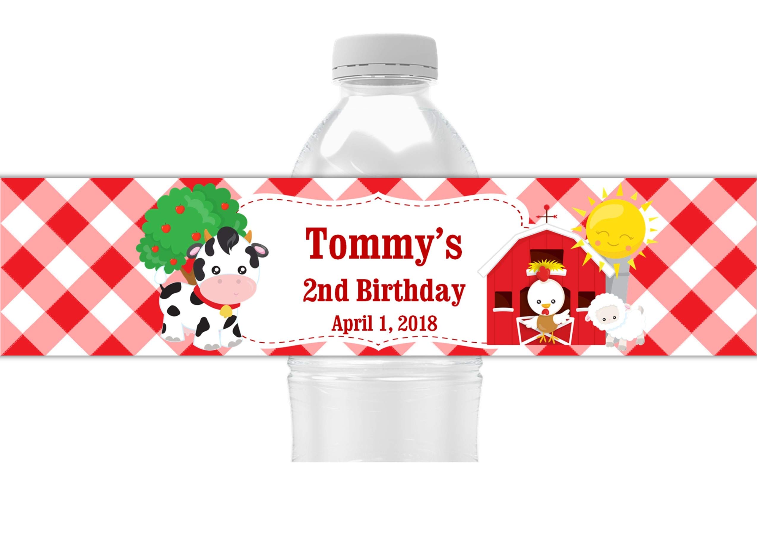 Cathy Wraps Farm Animals Personalized Water Bottle Labels, Set of 25 Peel and Stick Waterproof Wrappers Kids Birthday Party