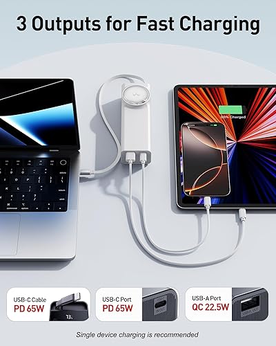 Miniatura 5 de iWALK Banco de energía para laptop, 20000mAh 65W, cargador portátil con cable USB-C retráctil integrado de 2.3 pies y pantalla LED, triple salida