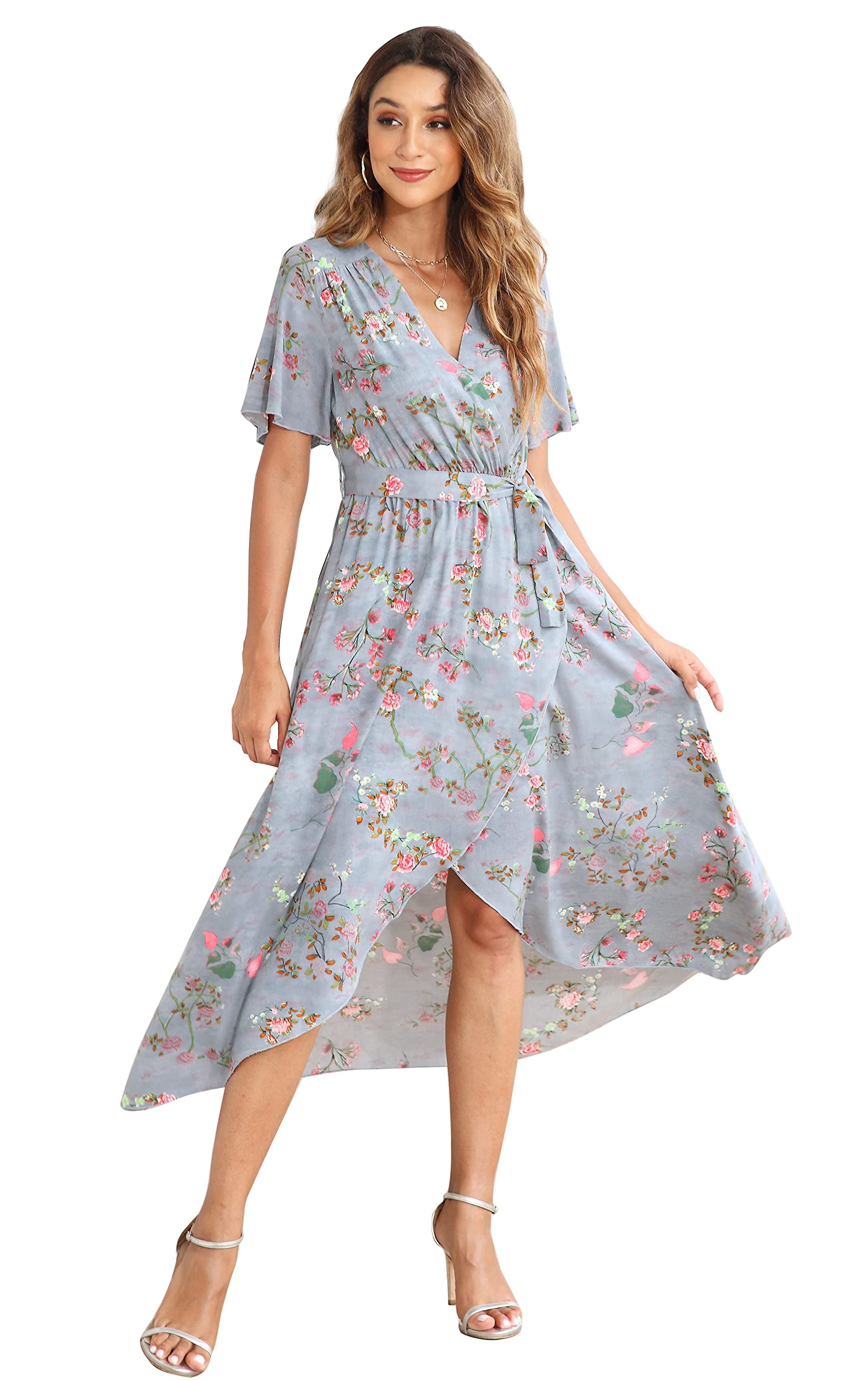 VintageClothing Women's Wrap V Neck Floral Summer Dresses High Low Casual