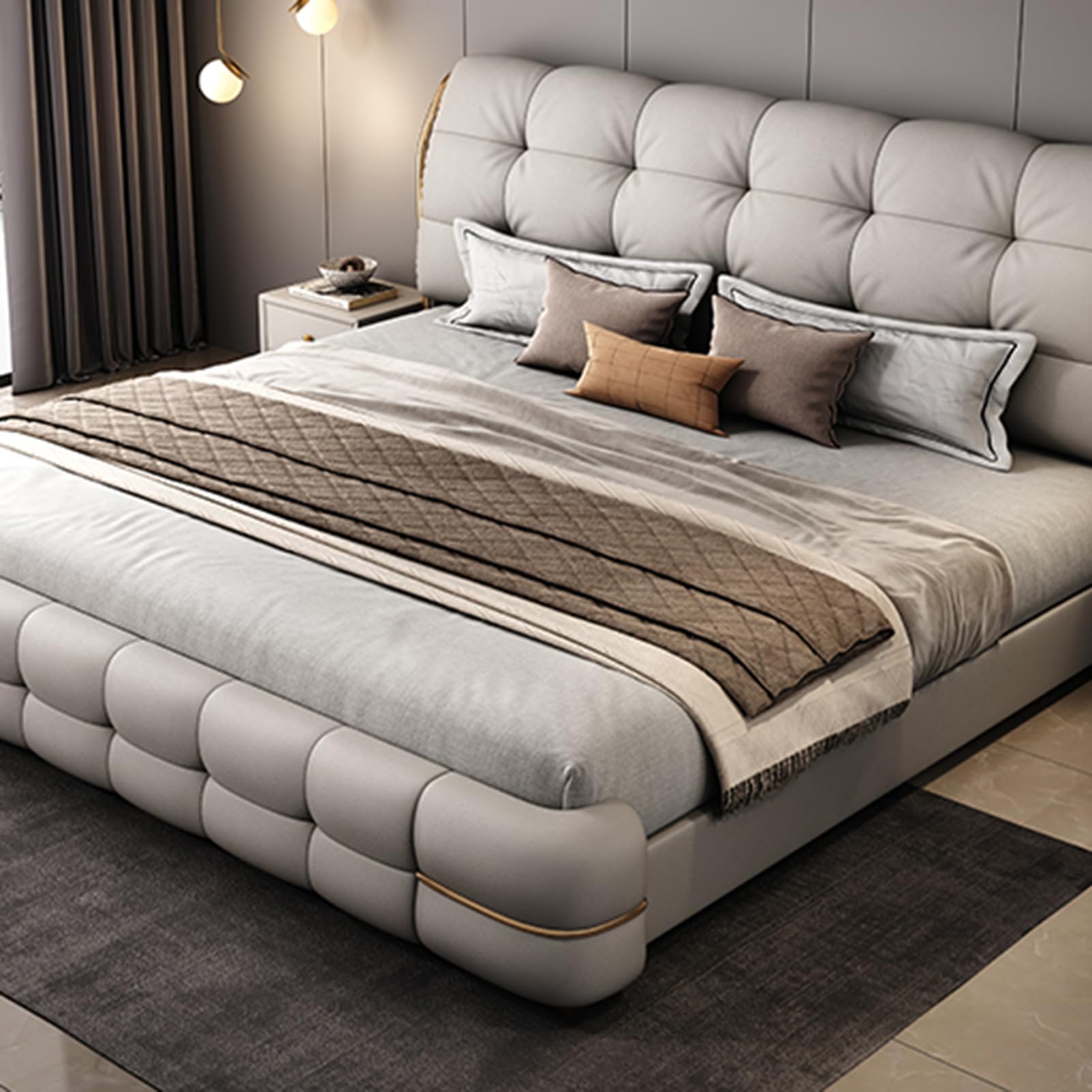 King Size Genuine Leather Wood Bed Upholstered Platform Bed Frame with Headboard and Lift Up Storage Wooden Slats