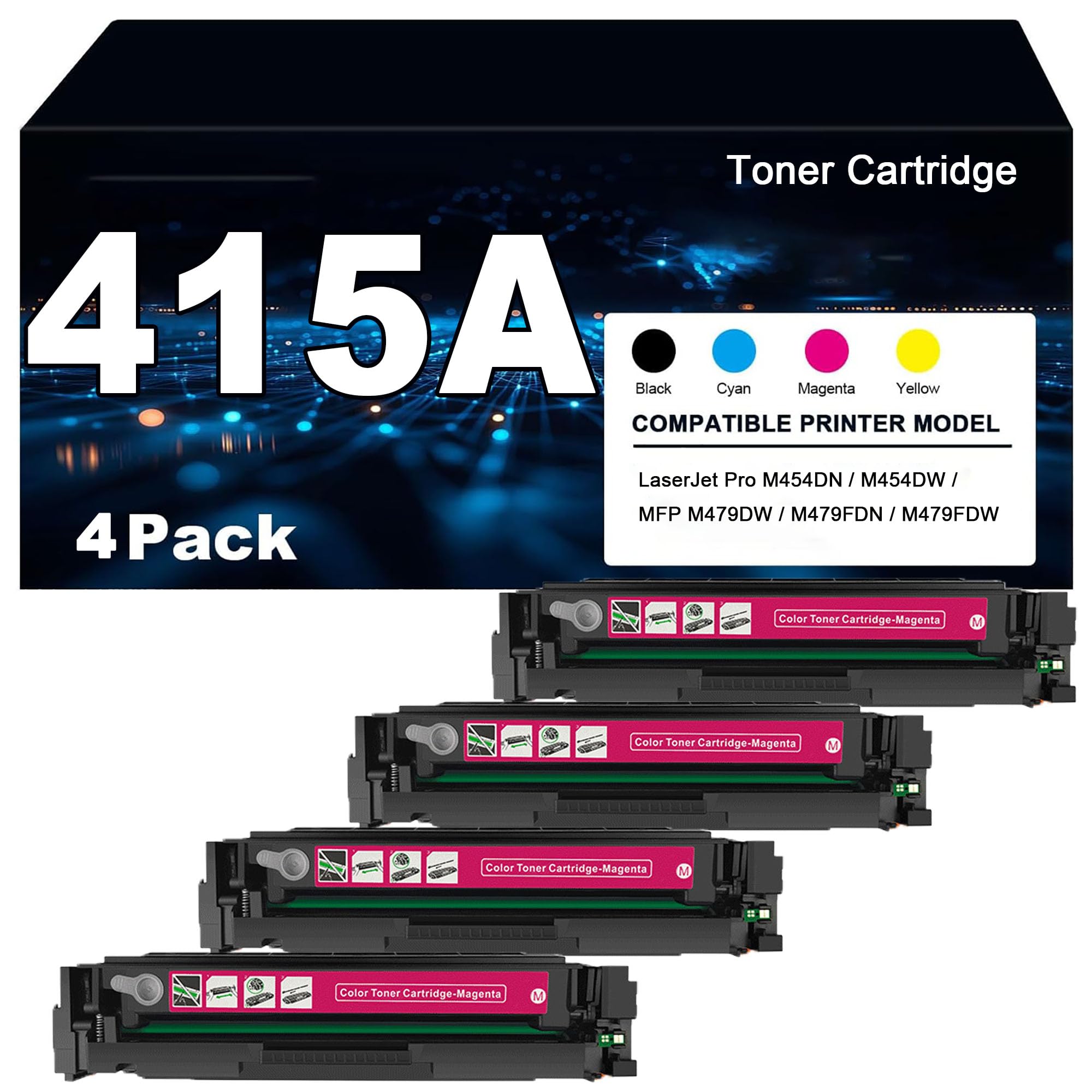 4 pezzi Cartuccie di Toner 415A con chip per HP 415A W2030A W2031A W2032A W2033A, compatibile per stampanti a colori Laserjet Pro M454DN M454DW MFP M479DW M479FDN M479FDW,Magenta-1 set