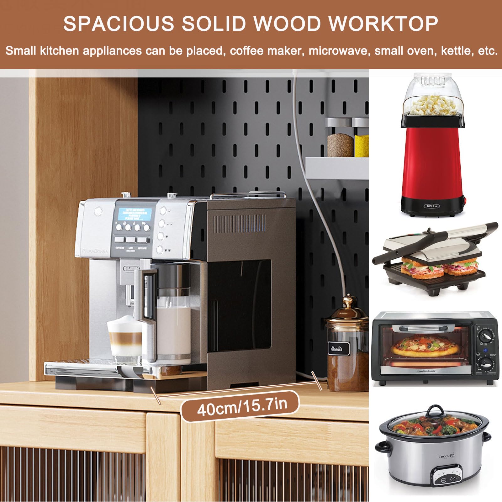 Mobiletto Portaoggetti per Dispensa da Cucina, Mobiletto Alto Autoportante con Stazione di Ricarica Scorrevole e Piastra di Compensazione, Supporto per Microonde, Mobiletto Moderno a Buffet,Nero