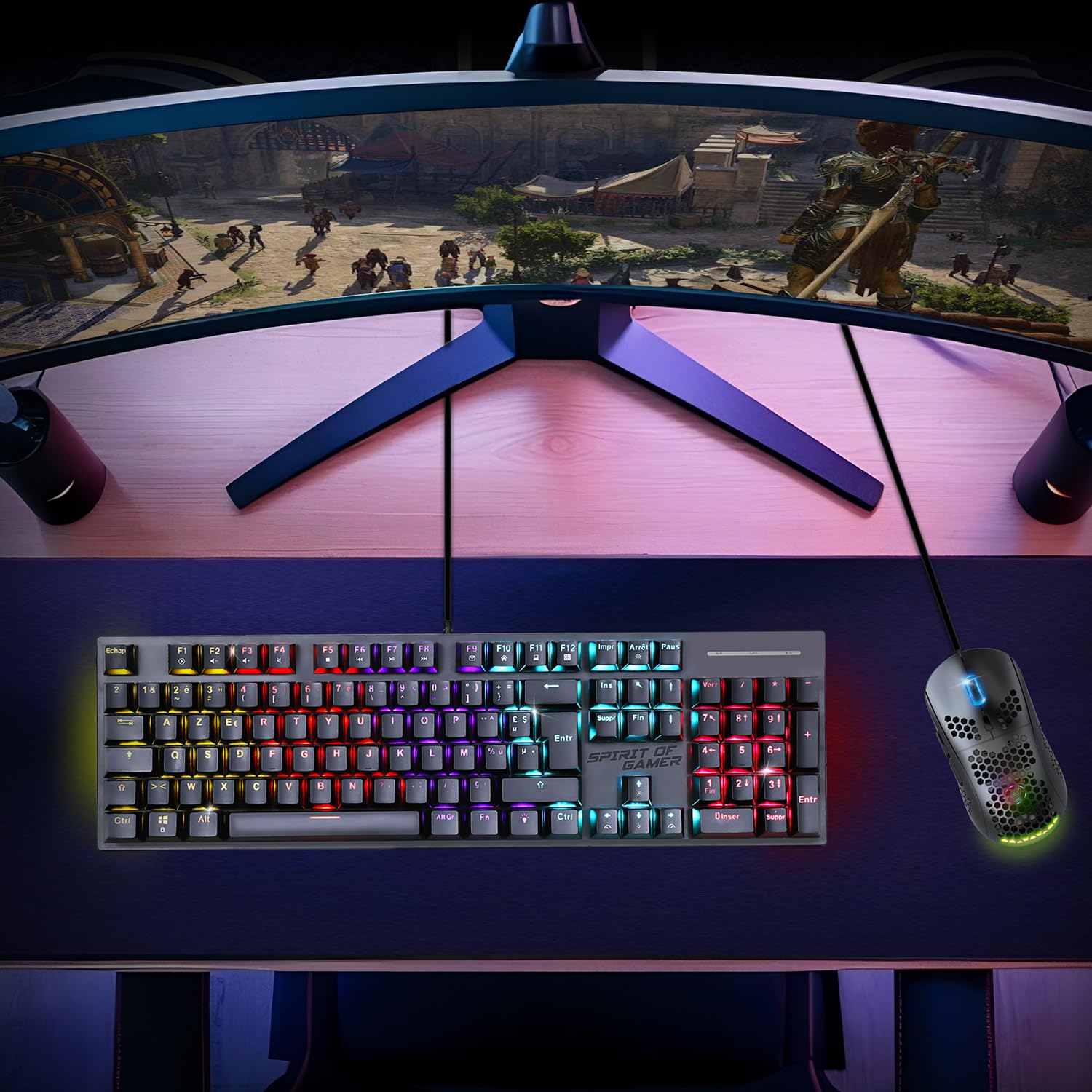 Spirit Of Gamer XPERT K250, teclado mecánico AZERTY Swtich rojo, 17 modos de retroiluminación RGB, tecnología N-Key Rollover de 26 teclas antighosting, conexión por cable, 2 interruptores incluidos,