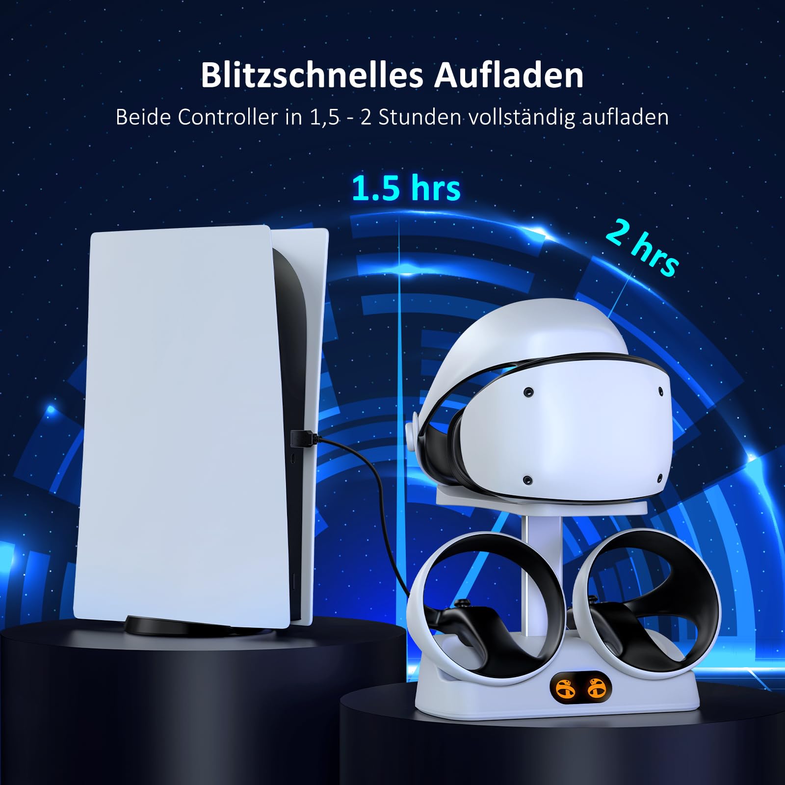 NexiGo Controller Ladestation für PSVR2, Dual-Schnellladestation mit LED-Licht, Headset-Display-Ständer und Controller-Halterung, magnetischer Anschluss, USB auf Typ-C-Kabel, Weiß