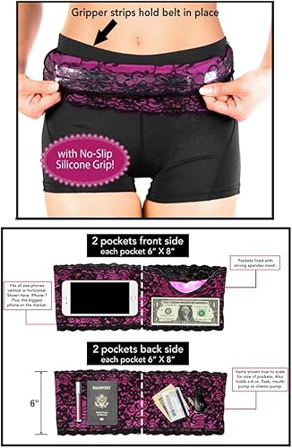 Miniatura 2 de Stashbandz Cinturón de viaje de encaje, cinturón para correr, riñonera, riñonera, 4 bolsillos grandes con agarre de silicona, se adapta a teléfonos