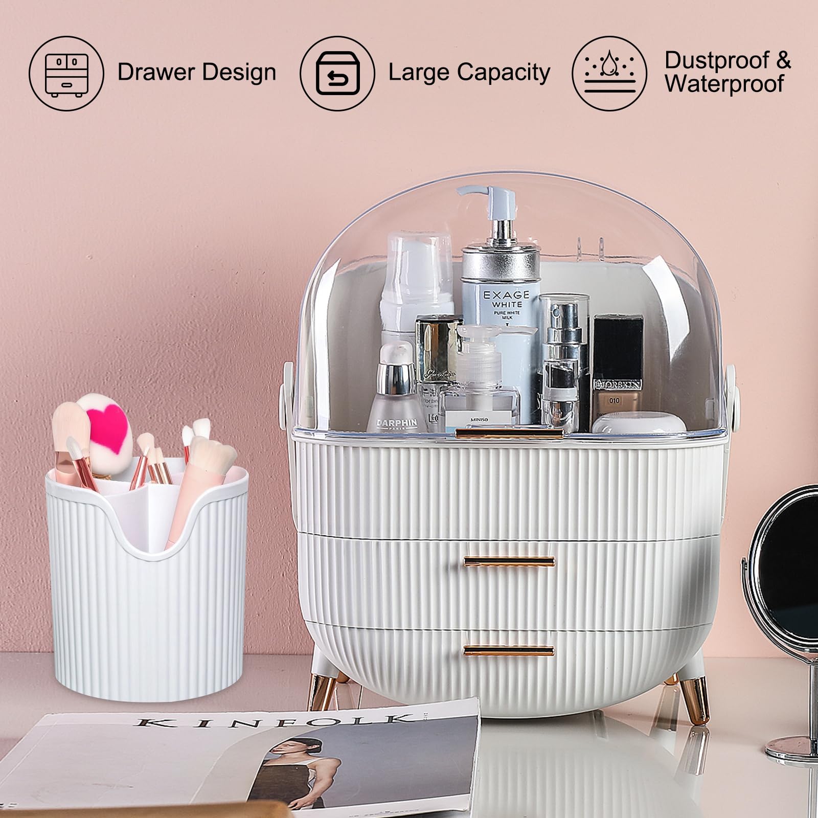 UCAMP Organizador Maquillaje,Organizador de Maquillaje con soporte para brochas,de plástico de 3 niveles con asa y tapa transparente,soporte Organizador Cosmeticos impermeable y a prueba de polvo