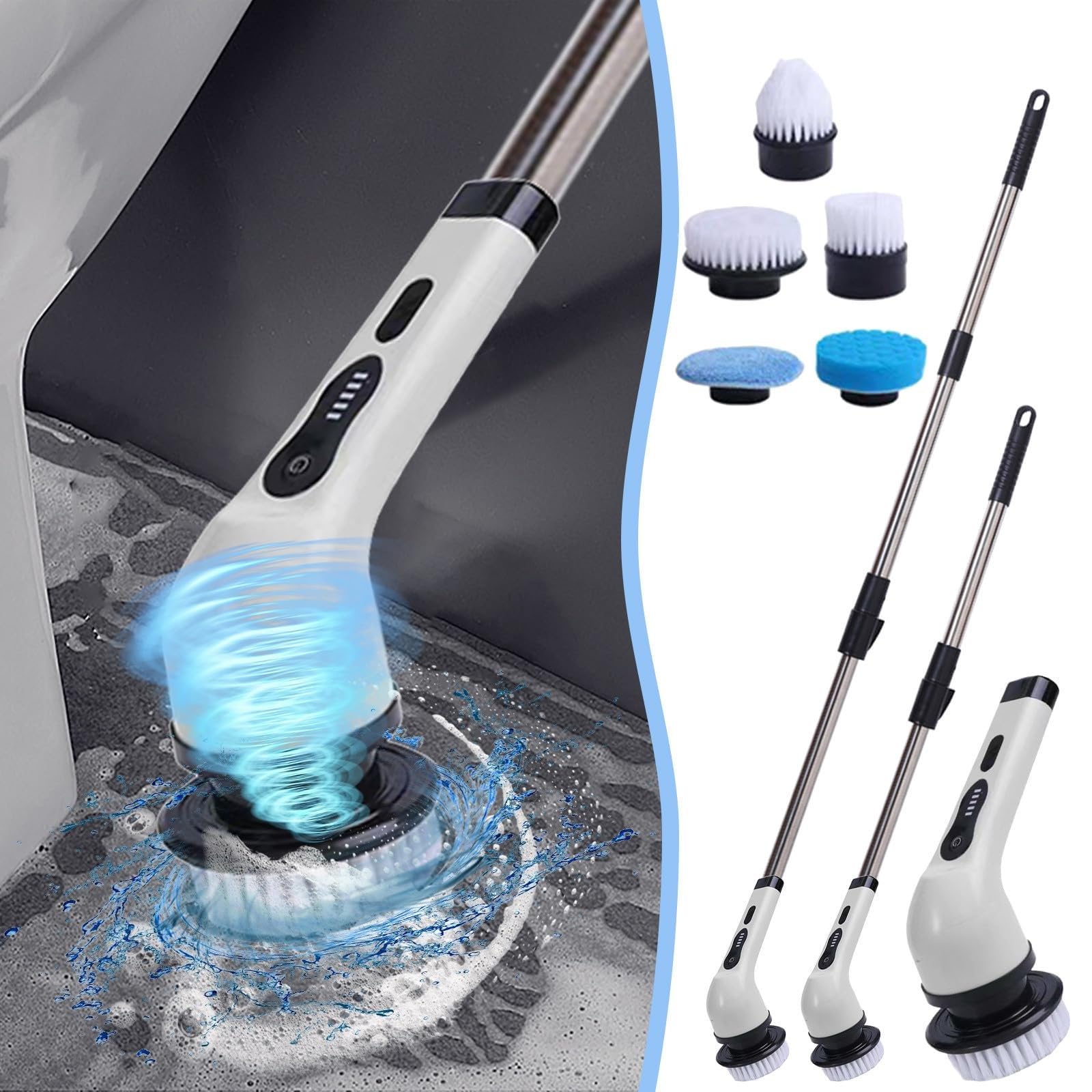 Fregadora Giratoria Eléctrica, Limpiador De Ducha Inalámbrico Con 5 Cabezales De Cepillo Reemplazables, 2 Mangos De Extensión Desmontables, Cepillo De Limpieza De Baño Eléctrico De Mano For Baldosas D