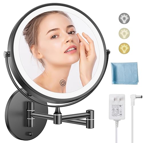 FASCINATE Espejo de maquillaje iluminado montado en la pared 2024, espejo de baño recargable con cable DC y enchufe, aumento de doble cara 1X 10X, 3