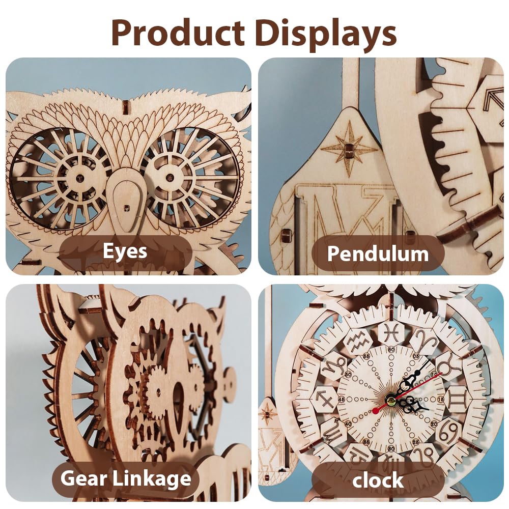 LUFEIS Owl Clock, 3D Wooden Puzzle with Clocks - Image 3