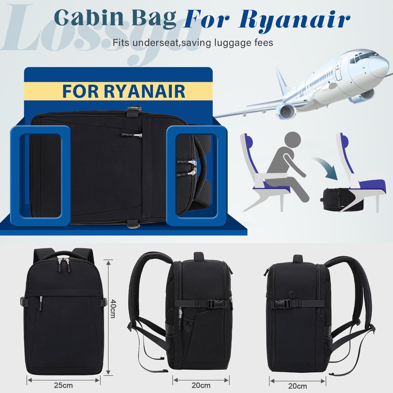 Lossga Zaino Ryanair 40x20x25 Bagaglio a Mano 40x20x25 Ryanair Zaino da Viaggio Aereo Bagaglio a Mano Zaino 40x20x25 Zaino aereo Zaini da Viaggio Con 3 Organizer per Easyjet Wizz Air Vueling
