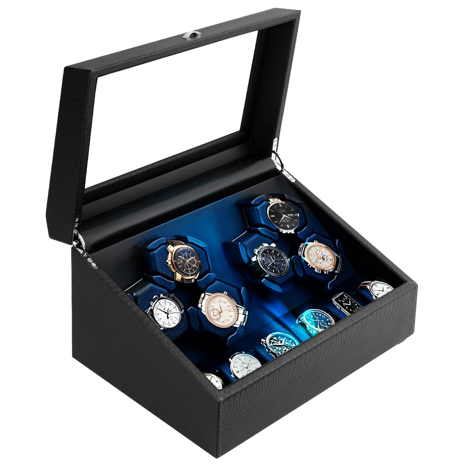Caricatore automatico per orologi da 6 + 6 orologi, con illuminazione a LED, 4 modalità di rotazione, memory foam antigraffio, motore super silenzioso, cavo di ricarica USB-C