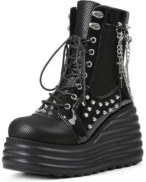 Lyrisiphy Women's Gothic Ankle Boots Black Platform Combat Boots with Punk Chains & Studs Lace Up Wedge Boots for Womens Rave Festivals Halloween