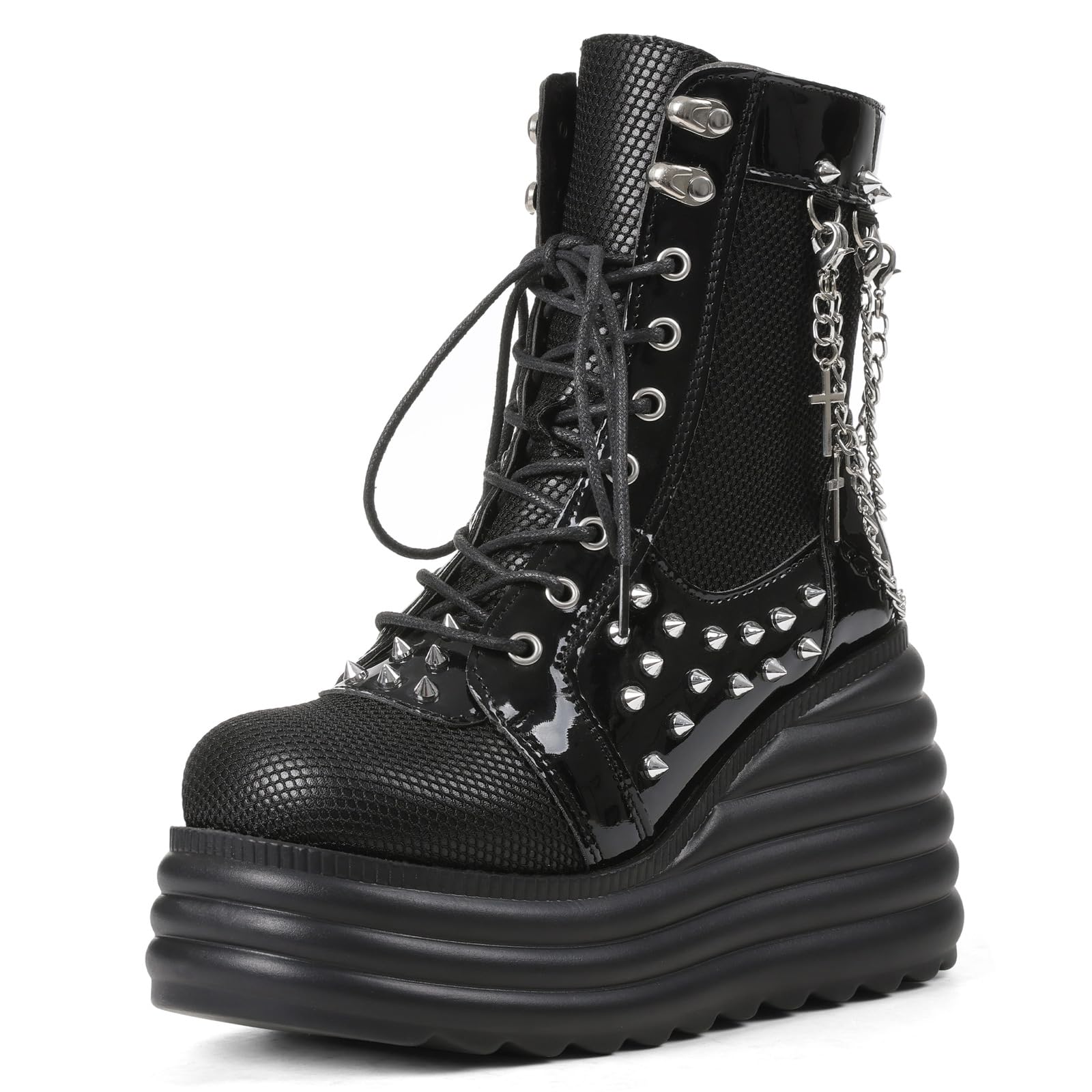 Lyrisiphy Womens Gothic Ankle Boots Black Platform Combat Boots with Punk Chains Studs Lace Up Wedge Boots for