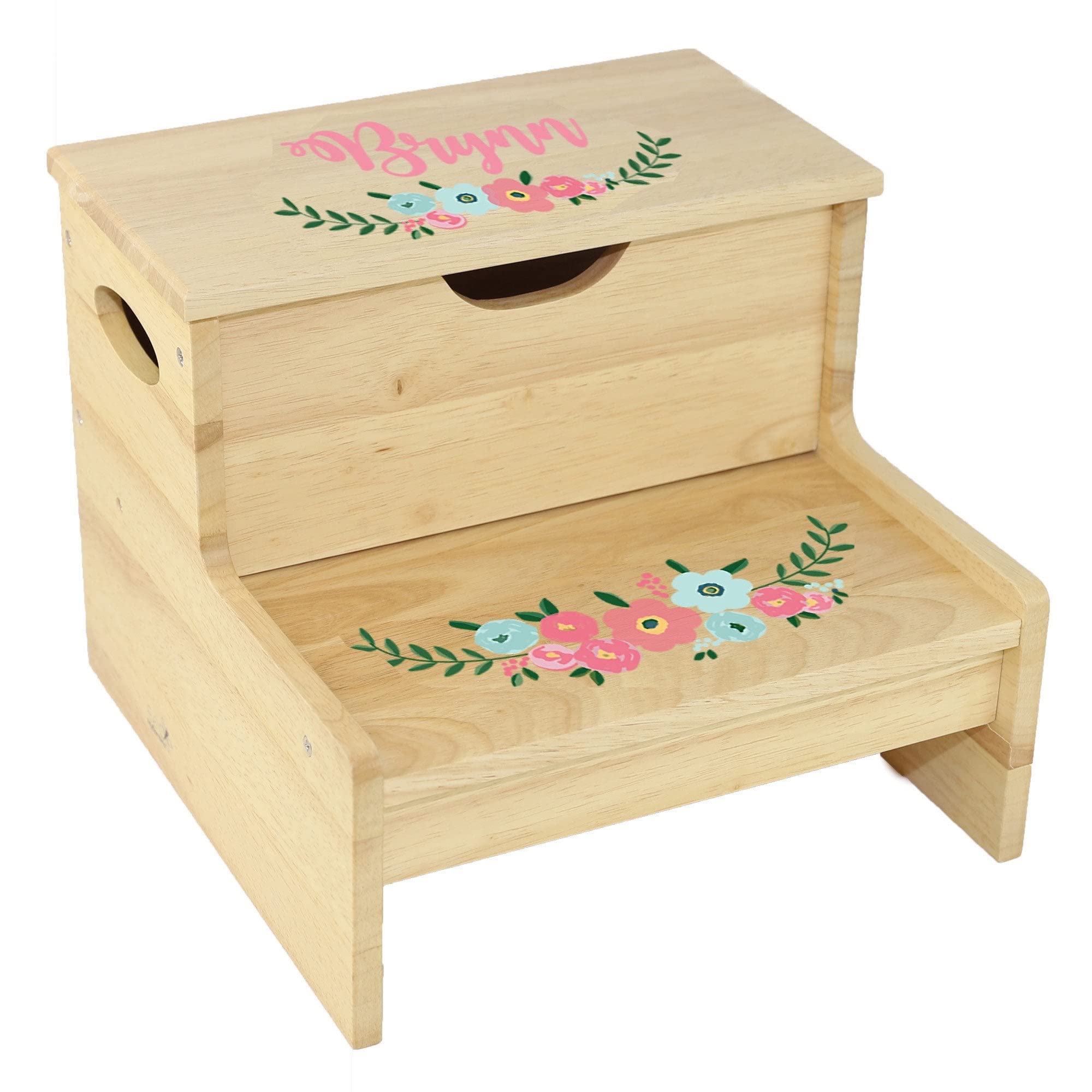 Girl's Personalized Wood Storage Step Stool - Teal Spring Floral Design - My Bambino