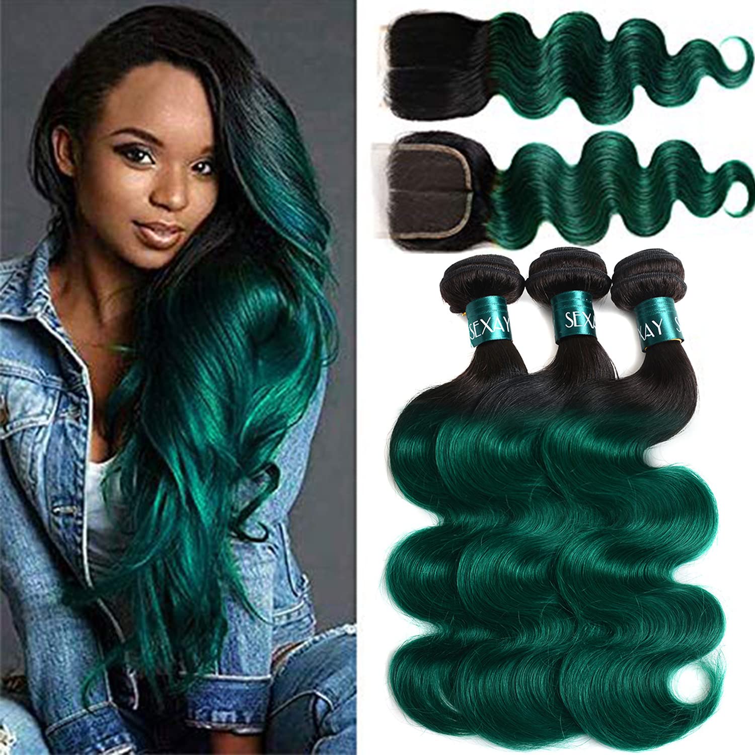 Green Body Wave Bundles with Closure,12A Grade Brazilian Remy Hair 1b/green Body Wave Human Hair Bundles with Closure for Women (161820+14 CL,1b/Green)
