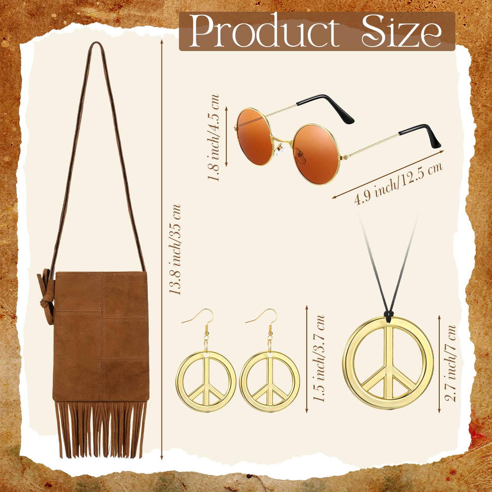 Hestya Set di Accessori per Costume Anni '60 Anni '70 Kit di Travestimento Hippie da Donna Gilet con Frange Pantaloni Svasati Borsa Fascia Fiori Occhiali da Sole Collana Pace per Halloween