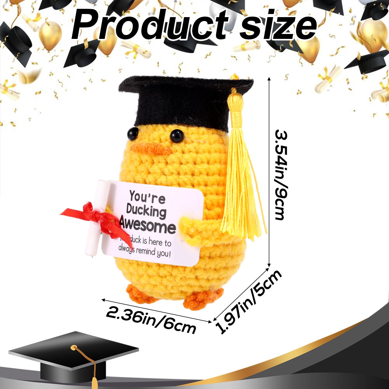 TOYMIS Positive Graduation Duck Crochet, Emotional Doll Support Graduation Crochet Animal with Grad Hat and Certificate You're Ducking Awesome for Encouraging Grad Gift Memorial Photo Prop - Image 2