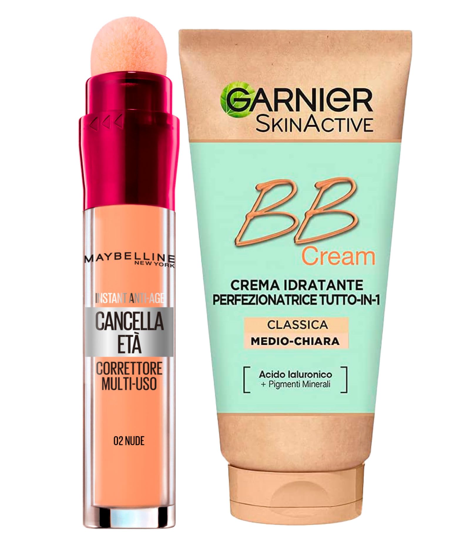 Garnier Skinactive BB Cream Crema Facial Hidratante Perfeccionadora Todo en 1 SPF25 Tono Medio-Claro + Corrector Líquido Multiusos Antiedad Color 02 Nude con Aplicador de Esponja