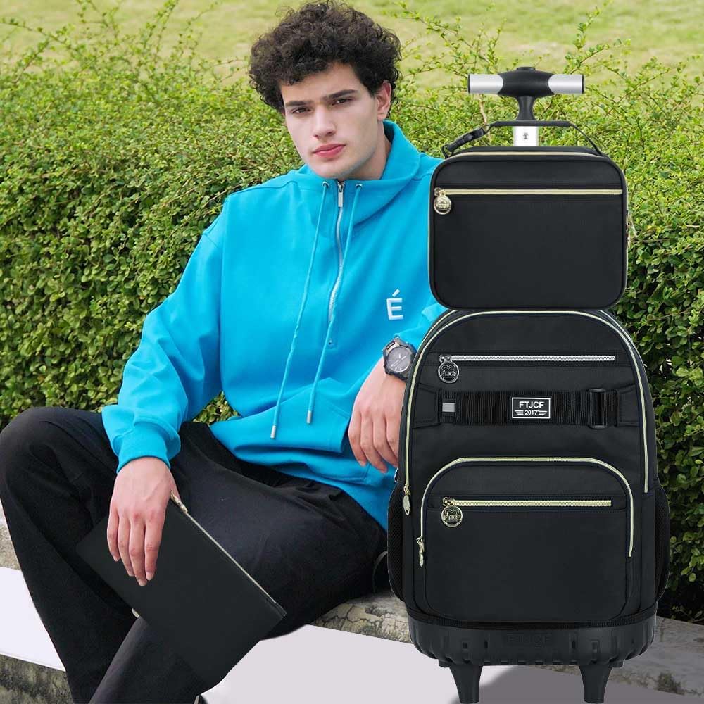 3Pcs Rolling Backpack for Boys Men, 19 Inche Adults Roller Backpacks with Wheels, School Wheeled Bookbag with Lunch Box(Black) - Image 7