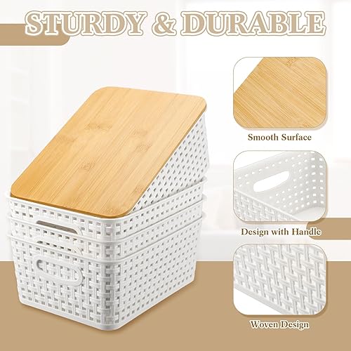 Miniatura 3 de Paquete de 8 cestas de almacenamiento de plástico con tapa de bambú de 10 x 7 x 4 pulgadas, contenedores de almacenamiento con tapa para estantes,