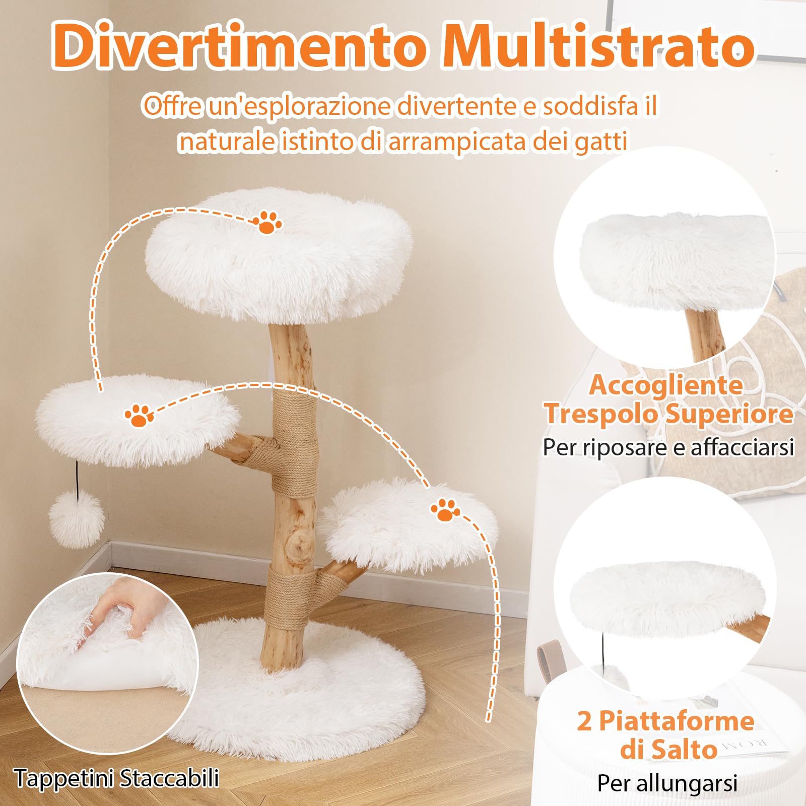 COSTWAY Albero per Gatti 90 cm, Torre per Gatti in Legno con Piattaforma in Tessuto in Pile Lungo, Tiragraffi in Juta e Pallina Pendente, Cuccia per Animali Domestici (Bianco)