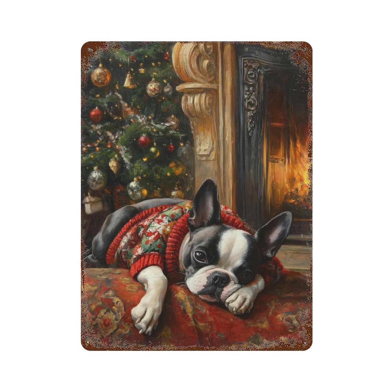 Boston Terrier in Sweater by Fireplace Painting 15.7"x11.8" Vintage Rust Metal Sign, Shabby Chic Decor for Garage, Bar And Workshop Decor