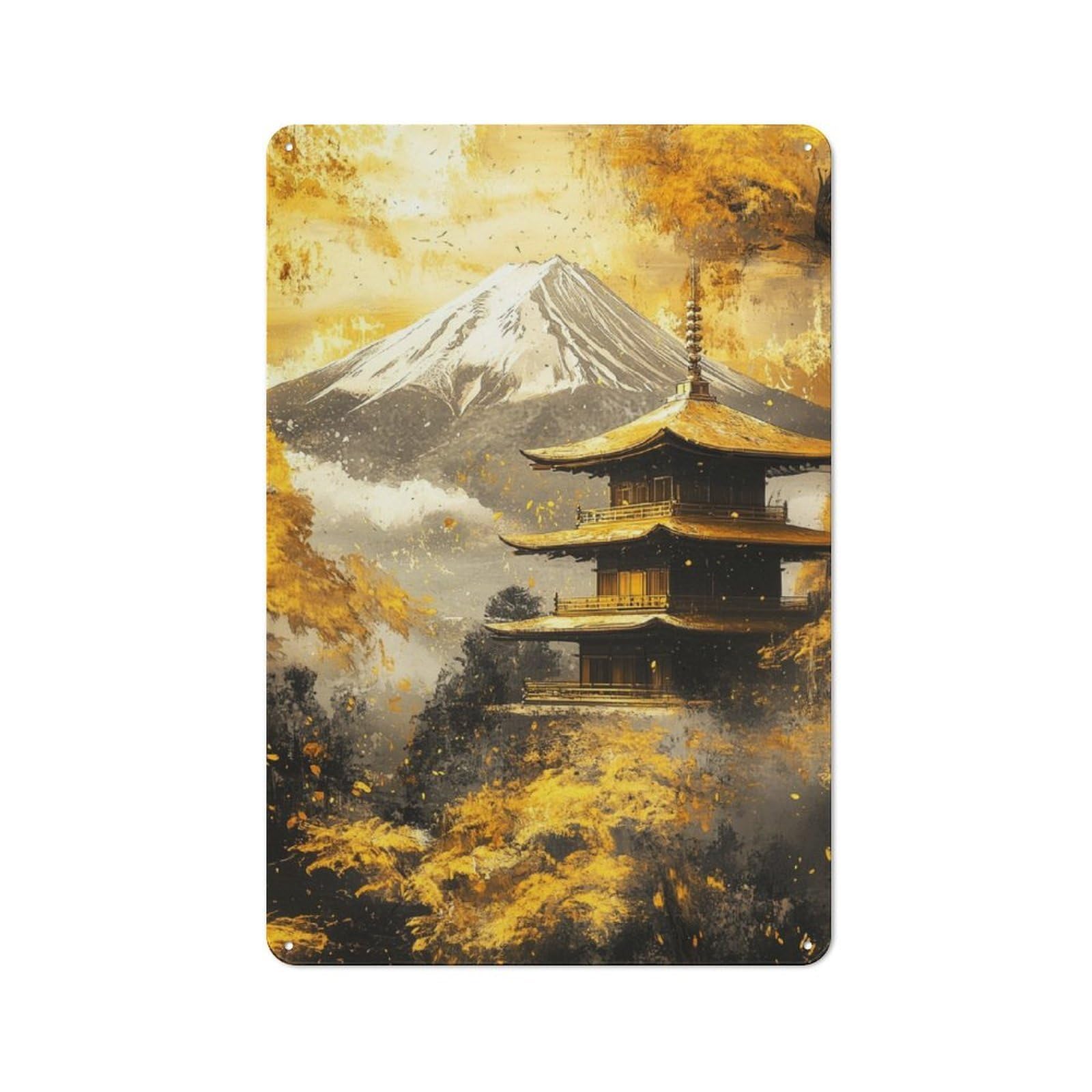 Junmoney Golden Mountain Fuji And Pagoda Tin Sign 30X20cm With For Workshop Wall, Retro Decor, For Vintage Wall Decor Fans, For Garage And Workshop Walls