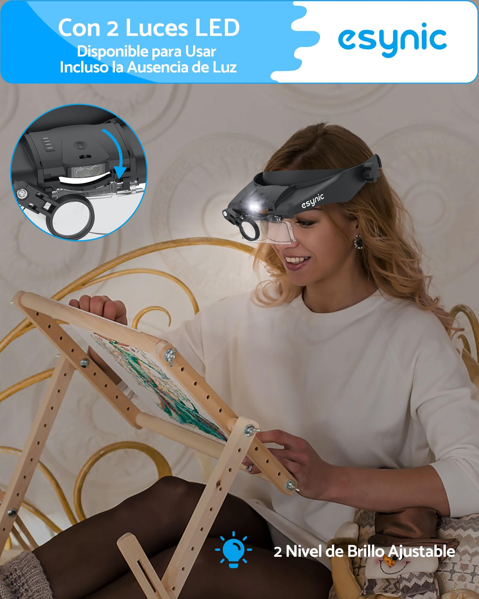 eSynic Gafas de Lupa Recargable con Luz Lupas de Gran Aumento 1.5X-13X con 5 Lentes Ajustable Gafas de Aumento Lupa con Control Táctil e Indicador de Batería para Manualidades,Leer,Coser,Joyería