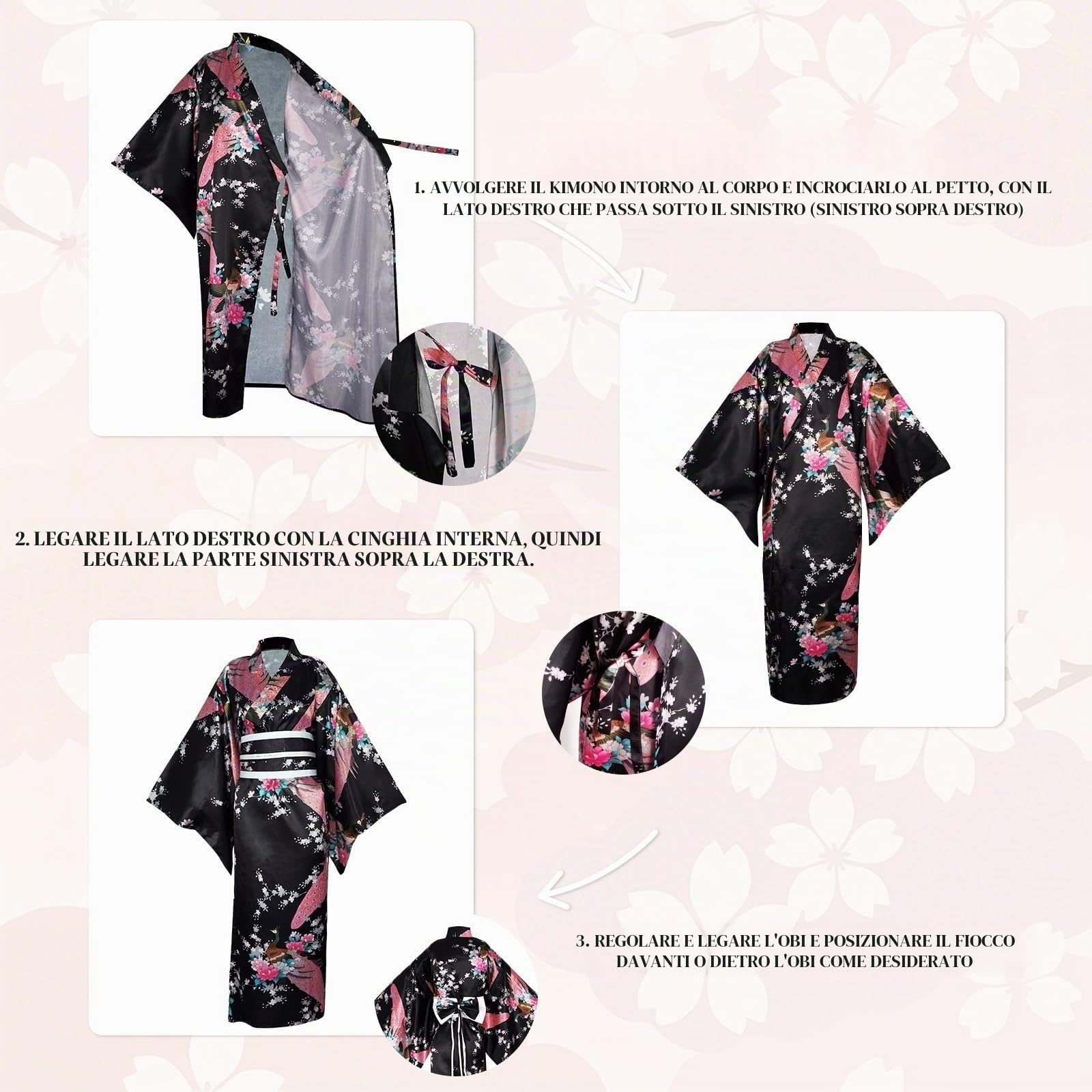 Completo Yukata Kimono Donna Giapponese in Raso Setoso, 8 Pezzi in Scatola Regalo - Costume Geisha Elegante Motivo Pavone o Sakura, Abito Cosplay Anime per Carnevale, Feste, Festival, Fotografia