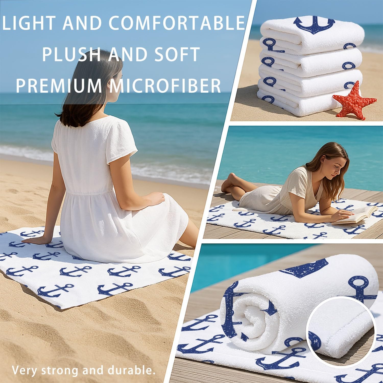Toalla de playa moderna y minimalista, extra grande de microfibra de 200 x 100 cm, sin arena, secado rápido, fresca y tranquila, diseño náutico, toalla de playa con ancla azul, regalo ideal para