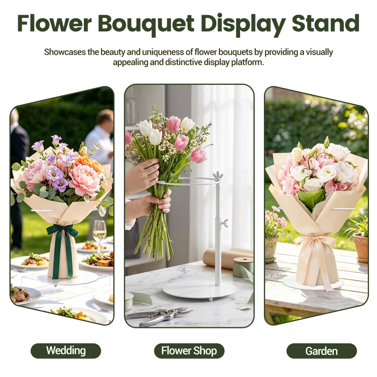 Luxshiny Espositore per bouquet in ferro, supporto per bouquet di fiori, supporto regolabile per bouquet da scrivania, supporto da tavolo per composizioni floreali da matrimonio, bianco